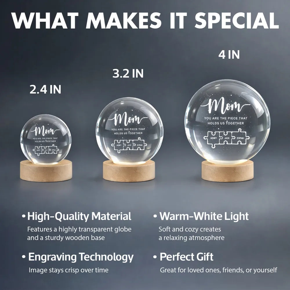 Personalized Crystal Ball Gift for Mom with Puzzle Design - Sentimental Mother's Day Keepsake Lamp MagicInPrints