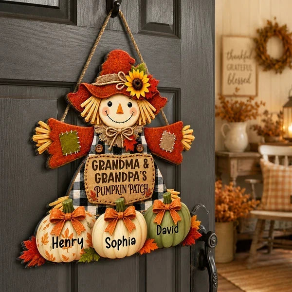 Personalized Wooden Sign with Scarecrow & Pumpkins Gift for Grandparents