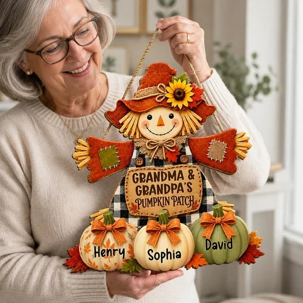 Personalized Wooden Sign with Scarecrow & Pumpkins Gift for Grandparents