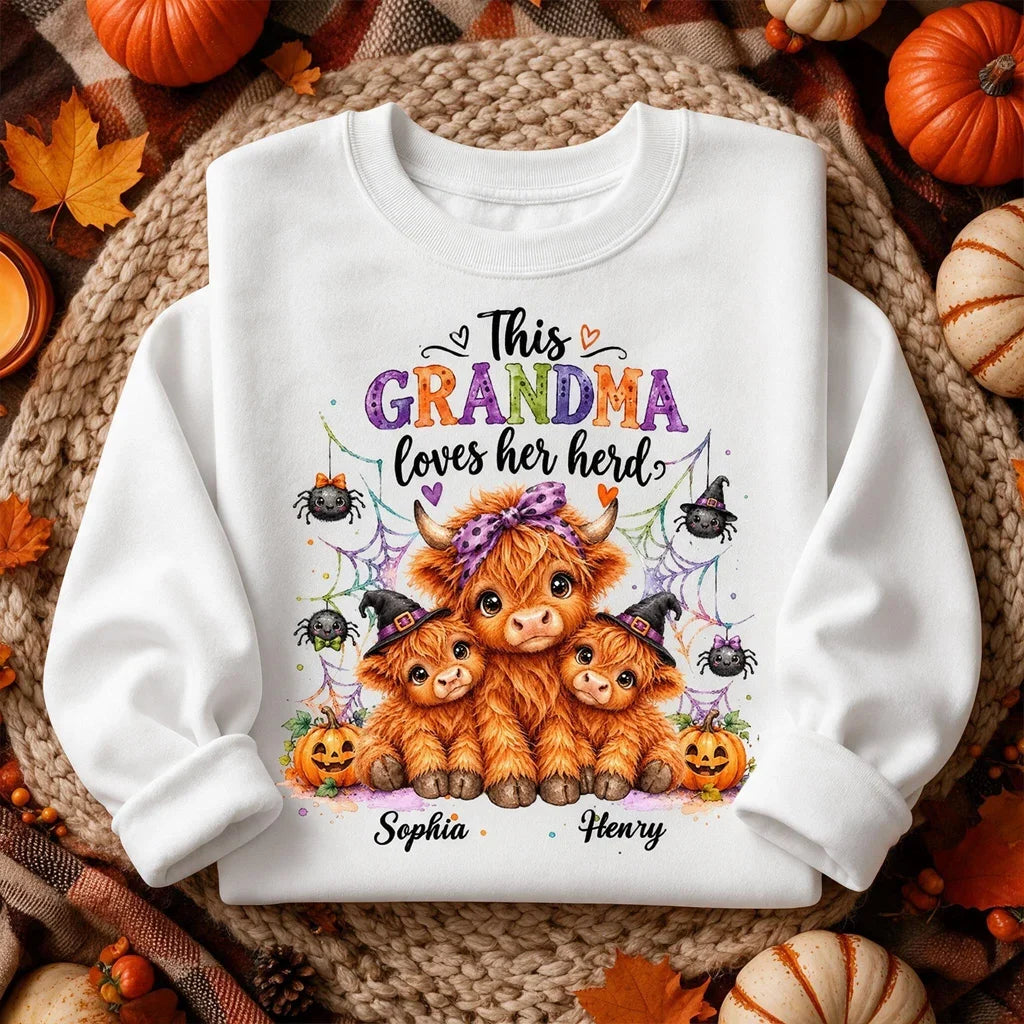 Personalized Halloween Sweatshirt for Grandma with Cows & Spiders