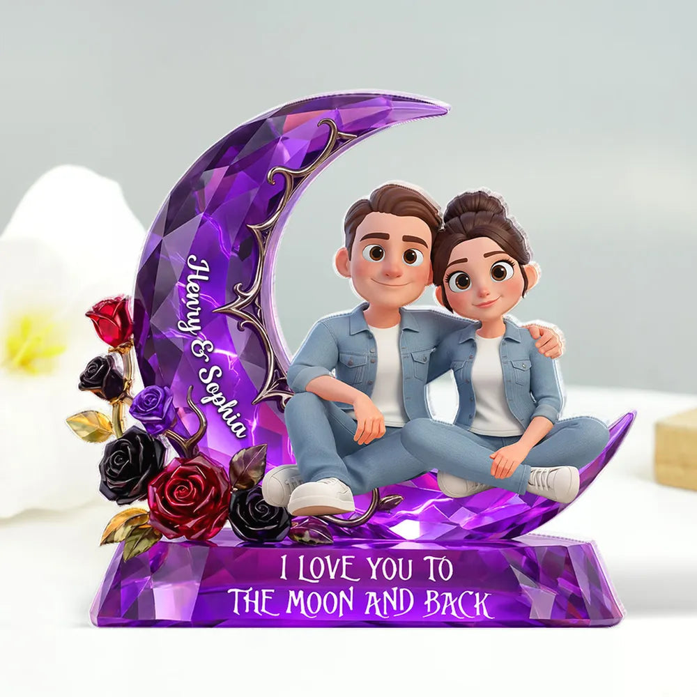 Personalized Romantic Couple Figurine with Moon and Roses - Anniversary Gift Plaque MagicInPrints
