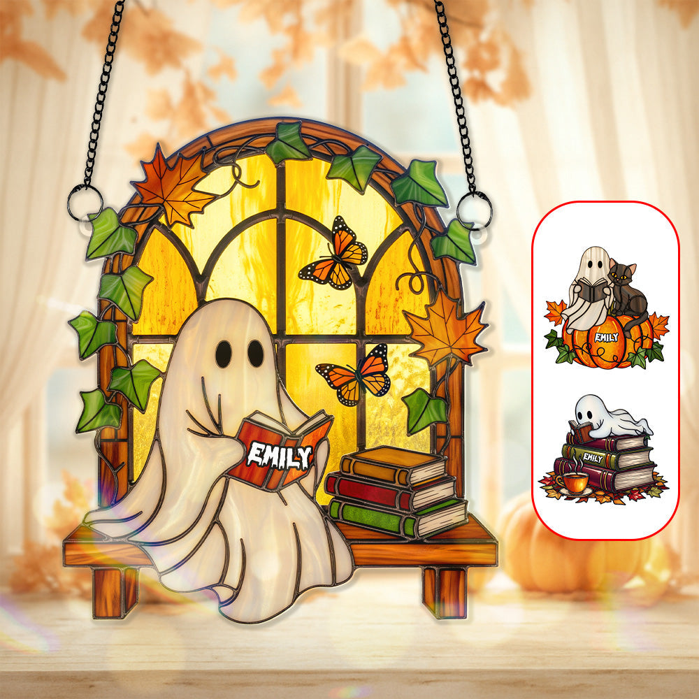 “Books & Ghosts: A Spooky Delight” - Spooky Ghost Suncatcher Ornament, Personalized Gift for Book Lovers Ornament MagicInPrints