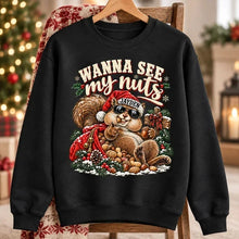 Load image into Gallery viewer, Personalized Funny Christmas Sweatshirt for Him - Wanna See My Nuts Santa Squirrel Gift
