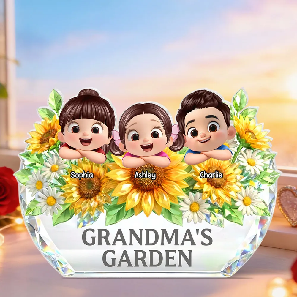Personalized Crystal Keepsake for Grandma - Custom Cartoon Kids with Sunflowers Plaque MagicInPrints