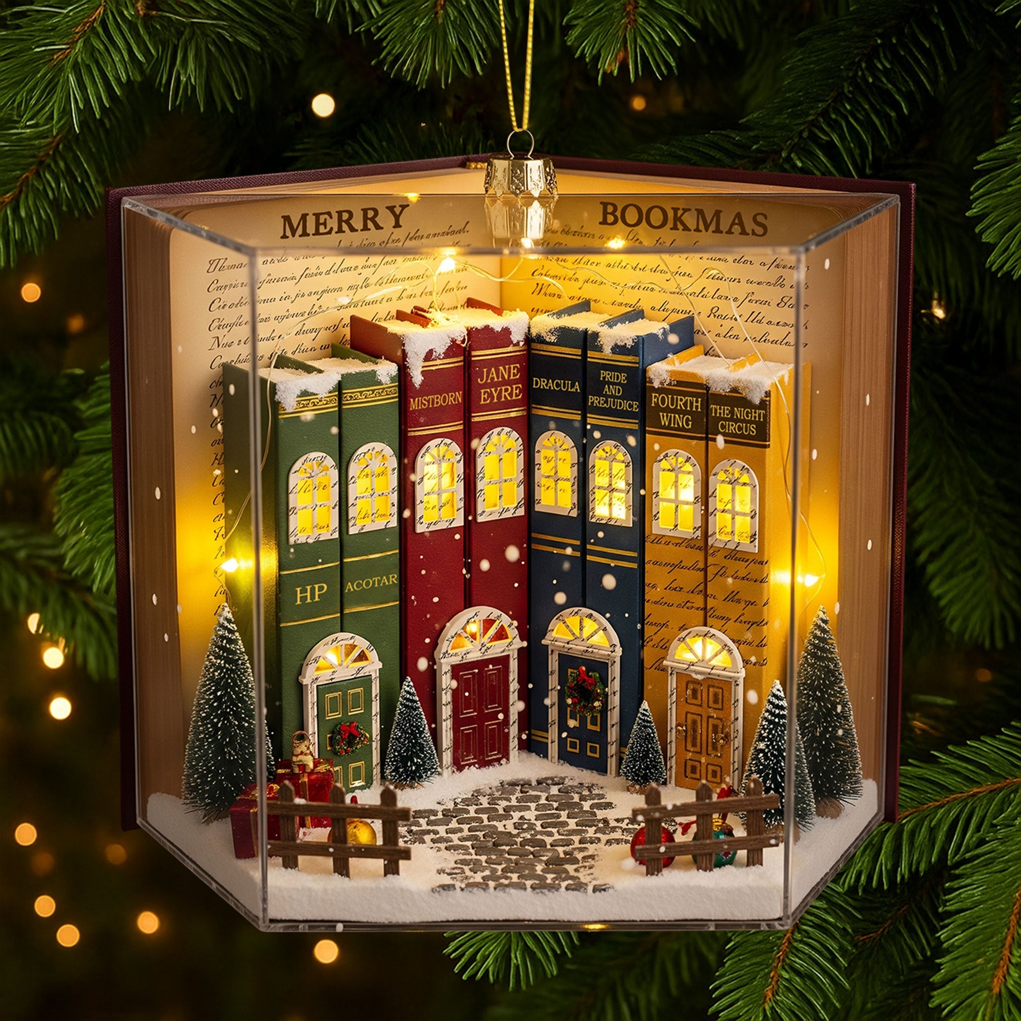 “Celebrate Literature This Christmas!” - Book Town In A Jolly Christmas Night Acrylic Ornament, Personalized Gift for Book Lovers Ornament MagicInPrints