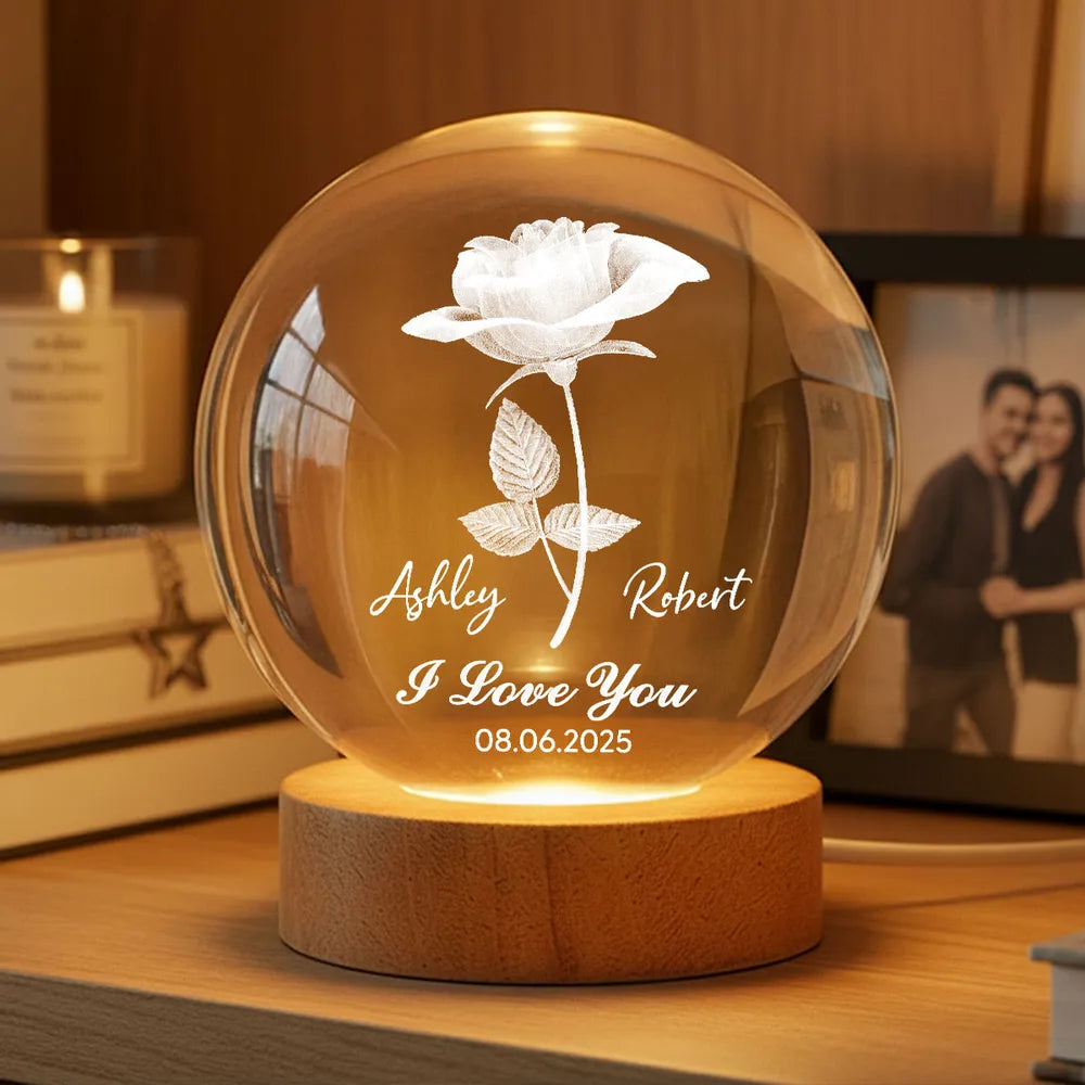 Personalized LED Crystal Ball Lamp for Couples with Rose Design - Anniversary Gift Lamp MagicInPrints