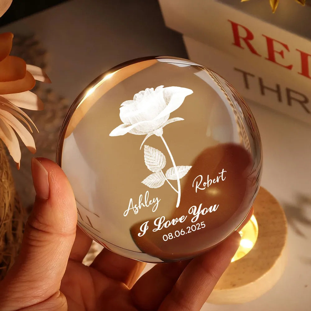 Personalized LED Crystal Ball Lamp for Couples with Rose Design - Anniversary Gift Lamp MagicInPrints