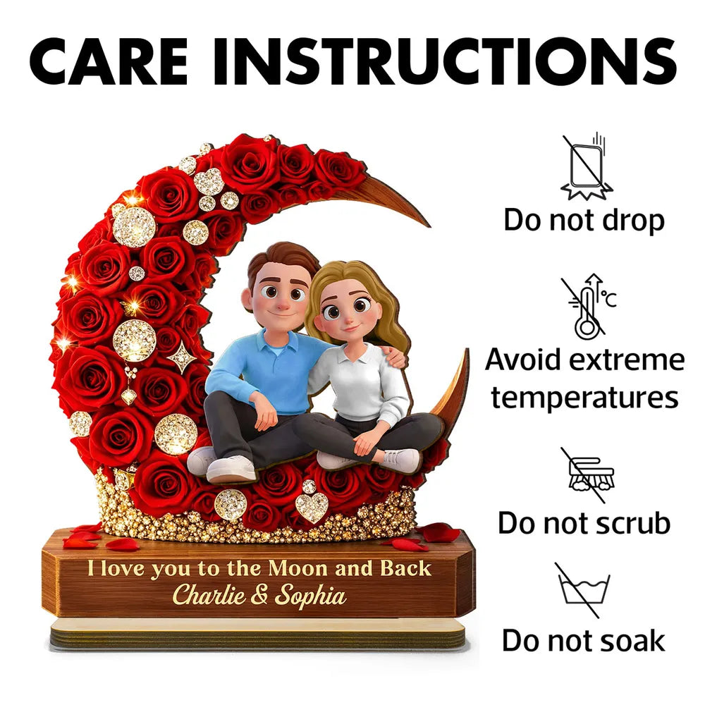 Personalized Romantic Couple Figurine with Red Rose Moon - Anniversary Gift Plaque MagicInPrints
