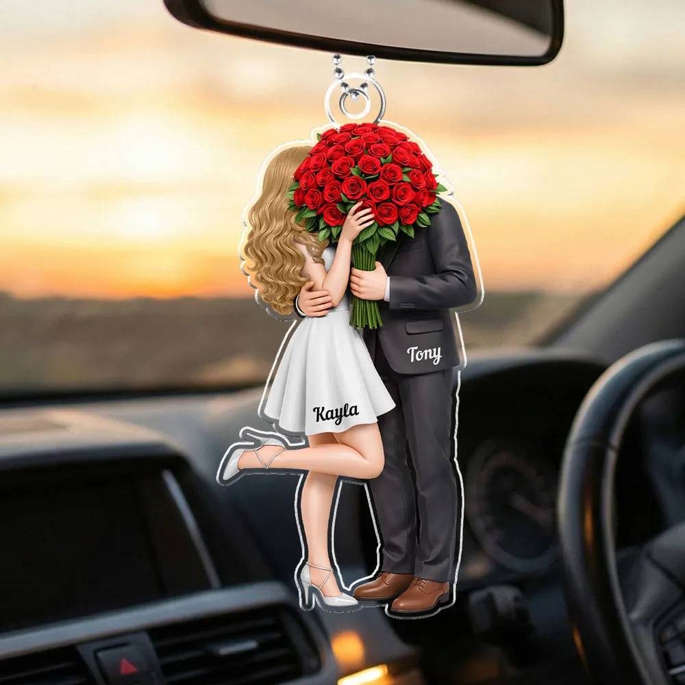 Personalized Couple Car Ornament with Names and Roses - Romantic Gift for Weddings Car Hanger MagicInPrints