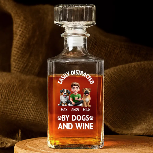 Easily Distracted By Dogs and Wine – Personalized Square Whiskey Bottle – Gift for Dog Lovers Whiskey Bottle MagicInPrints