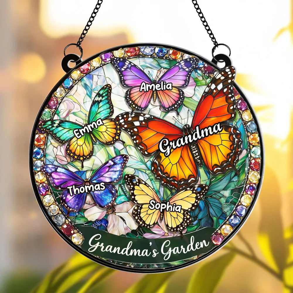 Personalized Stained Glass Suncatcher for Grandma - Butterfly Design for Mother's Day Ornament MagicInPrints