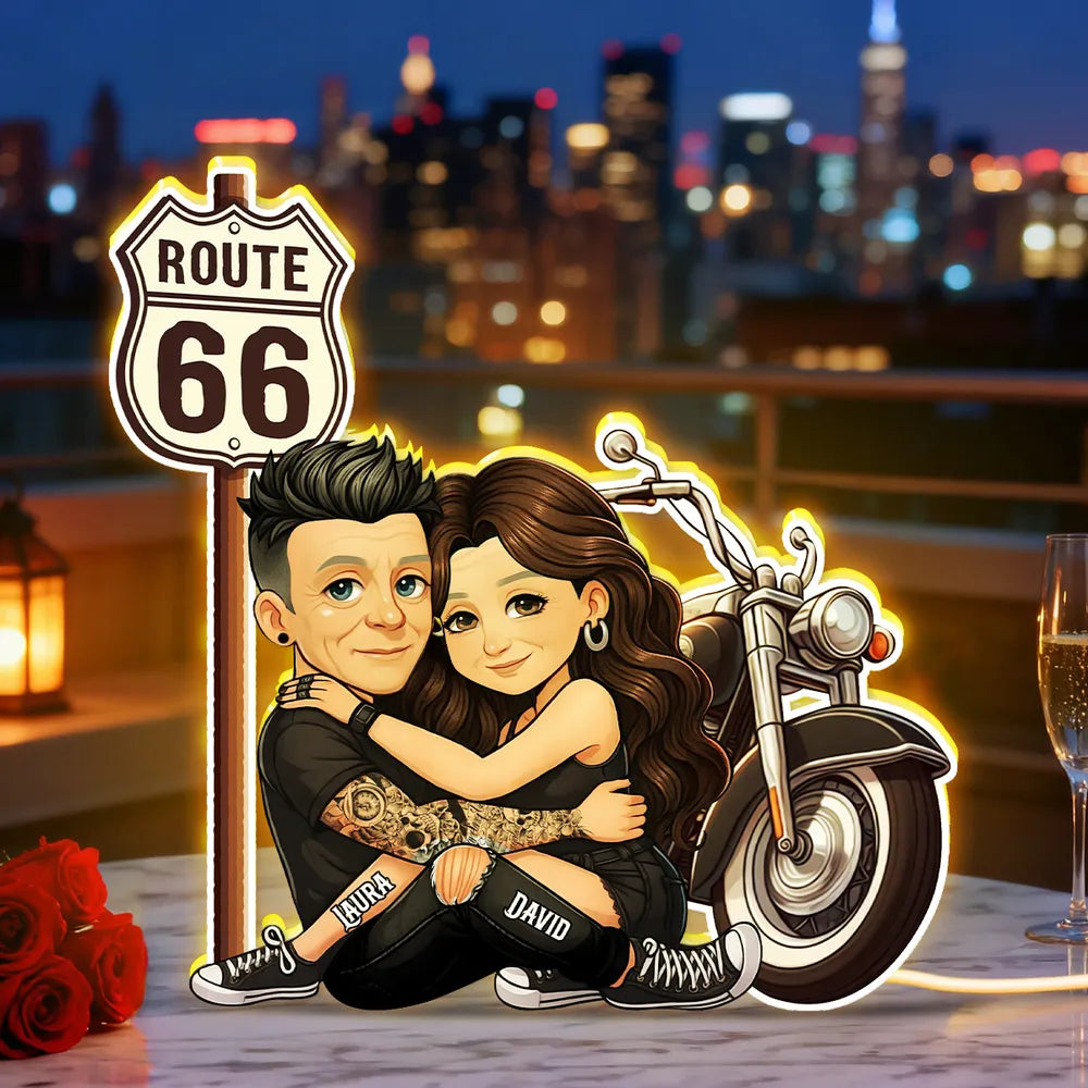 Customized Couple Cartoon Art for Bikers - Route 66 Adventure Gift Plaque MagicInPrints