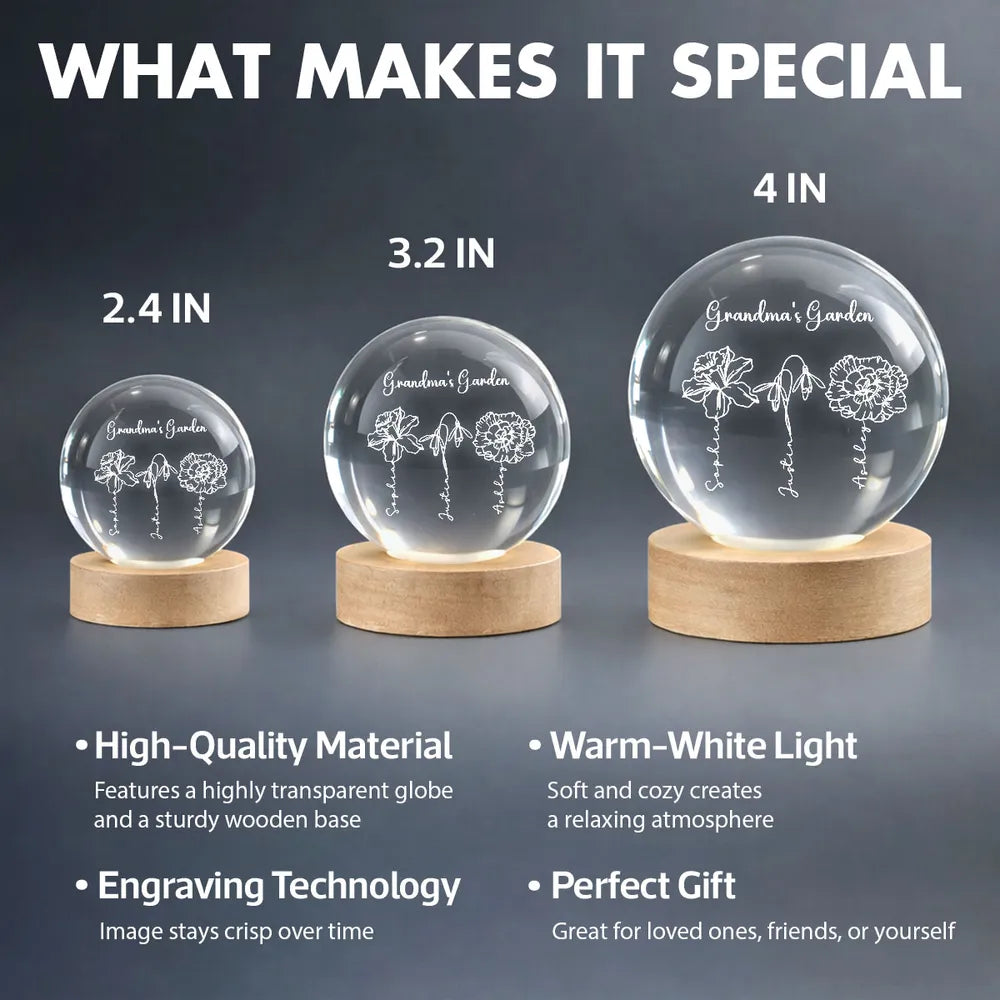 Personalized LED Crystal Ball for Grandma - Garden Design Gift Lamp MagicInPrints
