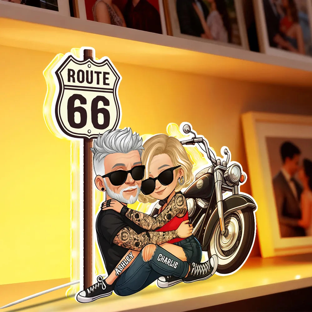Customized Couple Cartoon Art for Bikers - Route 66 Adventure Gift Plaque MagicInPrints