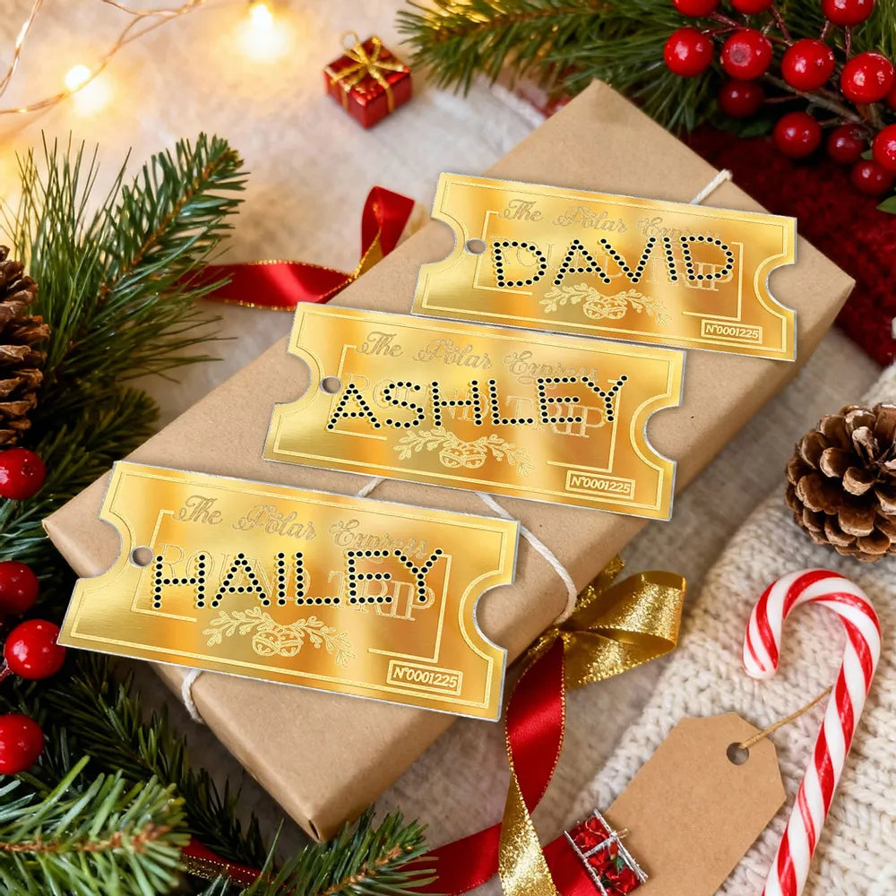 Personalized Golden Train Ticket Christmas Ornaments - Holiday Tree Decoration Ornament MagicInPrints