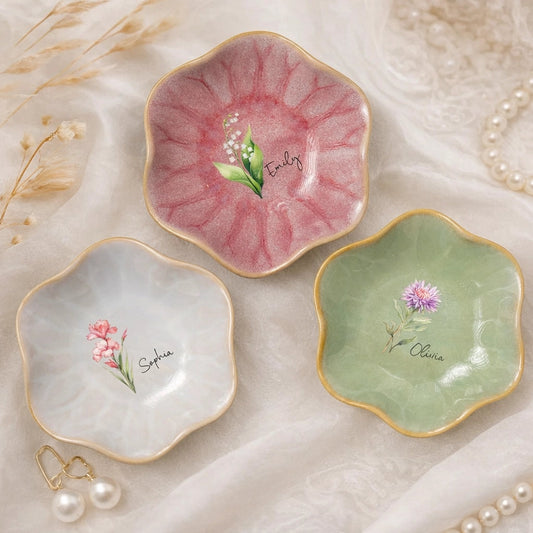 Personalized Ceramic Jewelry Dish for Women - Floral Design Keepsake Jewelry MagicInPrints