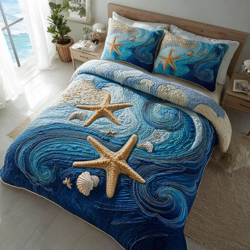 Dive into Comfort – Personalized Starfish Ocean Life 3-Piece Quilted Bedding Set – Gift for Ocean Lovers Quilted Bedding Set V2 MagicInPrints