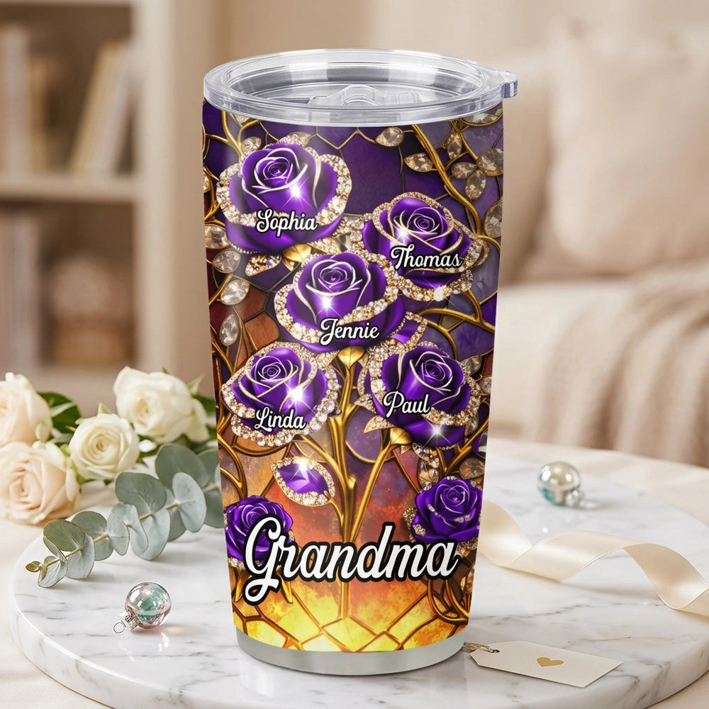Personalized Tumbler for Grandma with Custom Names and Purple Roses - Thoughtful Gift Cup MagicInPrints