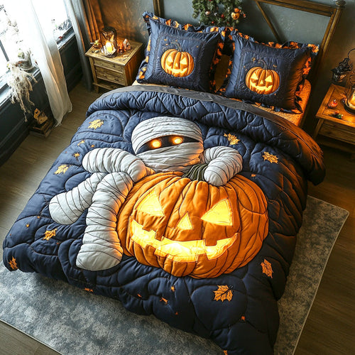 Light Up Their Halloween Spirit – Personalized 3-Piece Quilted Bedding Set – Gift for Kids and Halloween Lovers Quilted Bedding Set V2 MagicInPrints