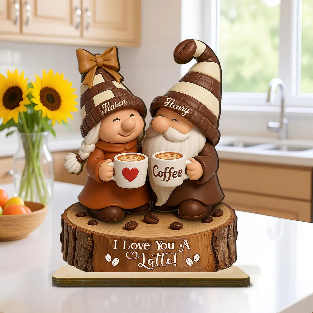 Personalized Couple Gnome Figurine for Coffee Lovers - Anniversary Gift Plaque MagicInPrints