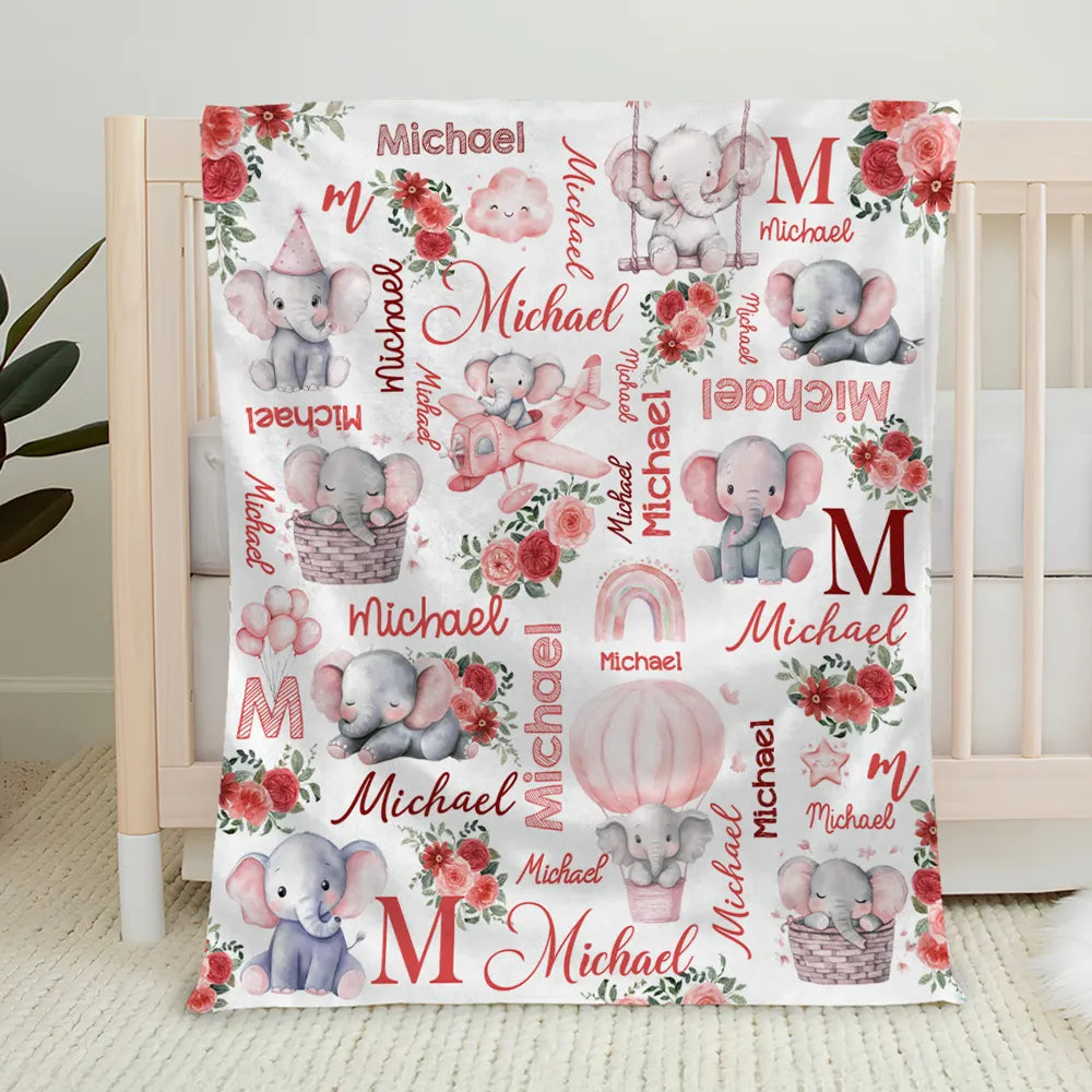 Personalized Baby Blanket for Girls - Cute Elephant Design with Name - Nursery Decor Blanket MagicInPrints