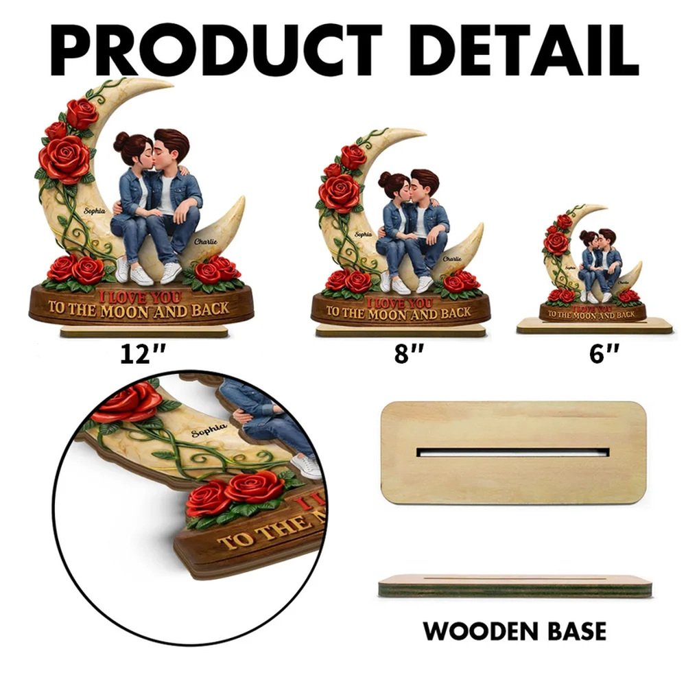 Personalized Romantic Couple Figurine with Moon and Roses - Perfect for Anniversaries Plaque MagicInPrints