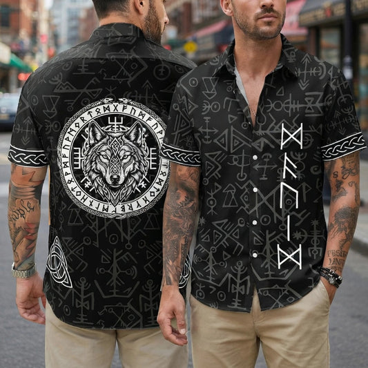 Viking Wolf Symbol Men's Button-Up Shirt - Casual Nordic Style Cloth MagicInPrints