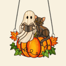 Load image into Gallery viewer, “Books &amp; Ghosts: A Spooky Delight” - Spooky Ghost Suncatcher Ornament, Personalized Gift for Book Lovers Ornament MagicInPrints
