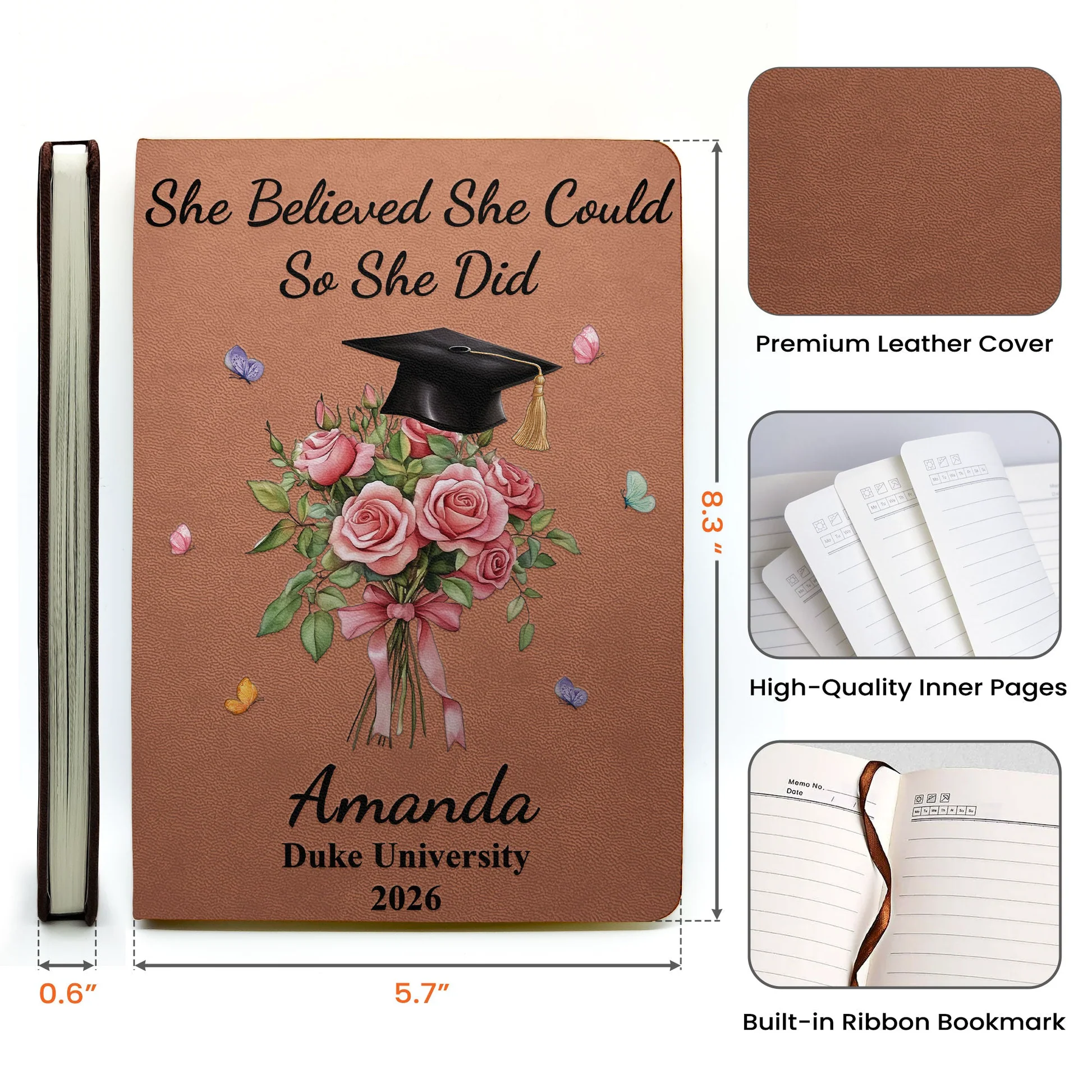 Personalized Leather Journal for Graduates with Inspirational Quote - Graduation Gift Stationery MagicInPrints