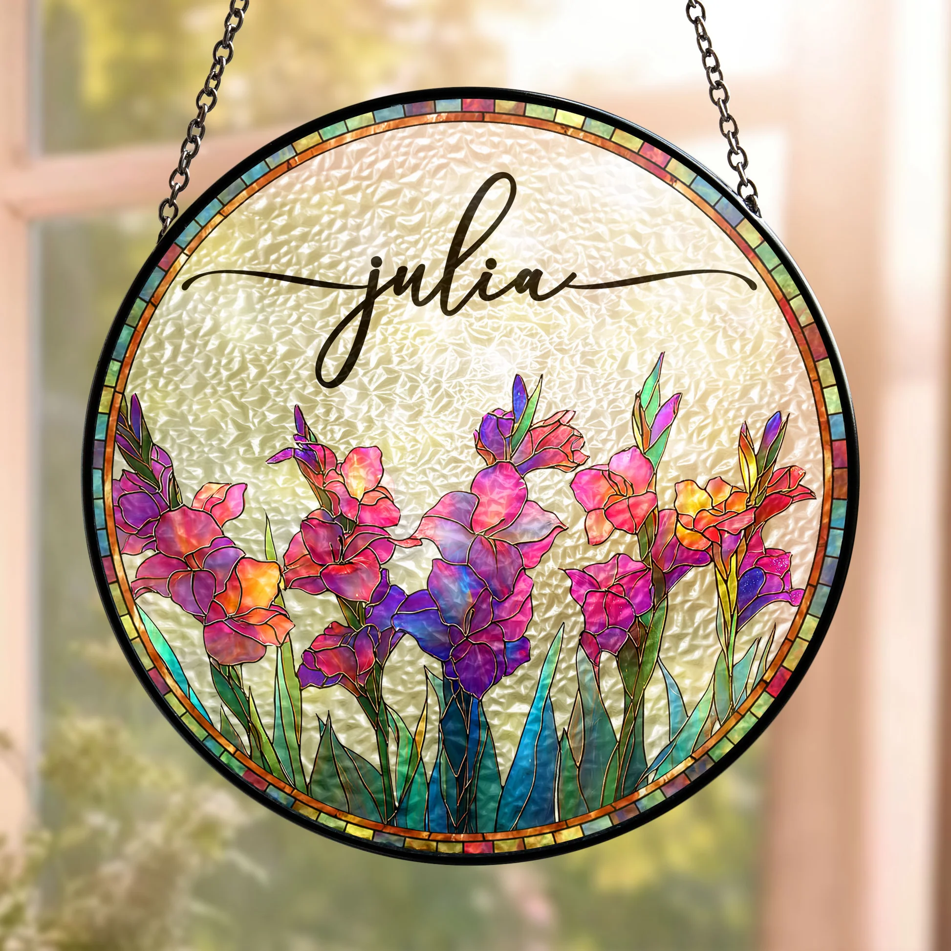 Personalized Stained Glass Window Hanging for Home Decor - Custom Name Floral Art Ornament MagicInPrints