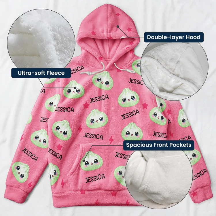 Personalized Youth Flannel Hoodie Cute Dumpling Print Gift for Kids