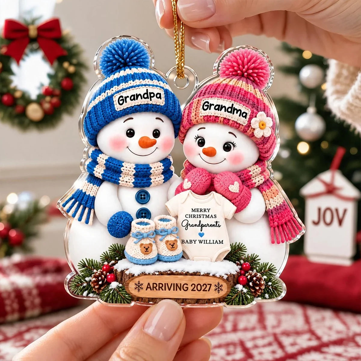 Personalized Acrylic Ornament Cute Snowman Gift for Grandma & Grandpa