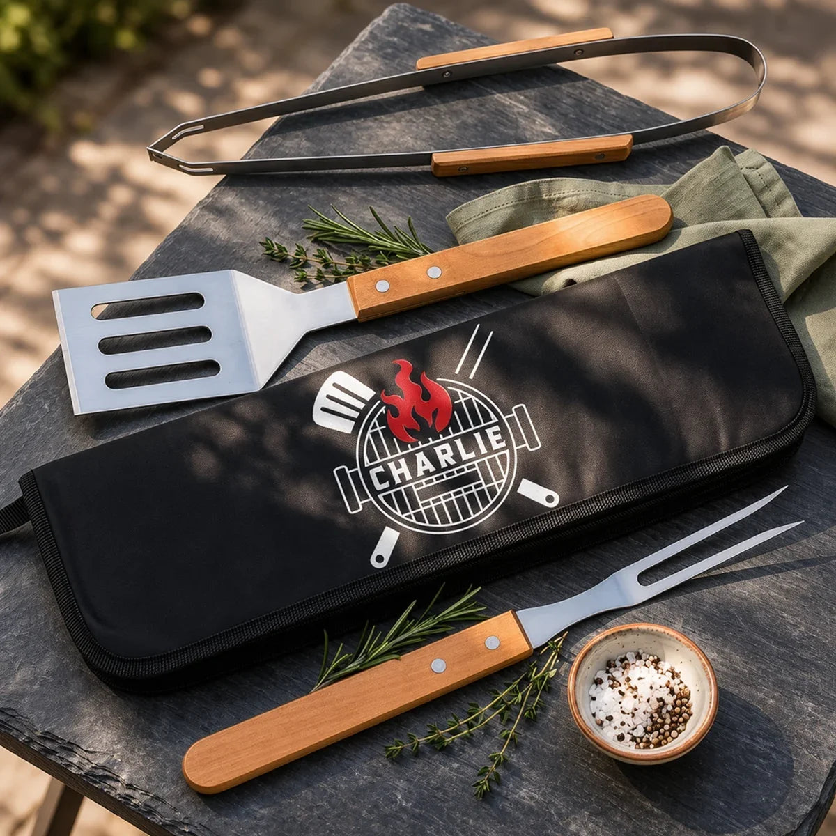 Personalized BBQ Tool Set with Red Flame Graphic for Dad