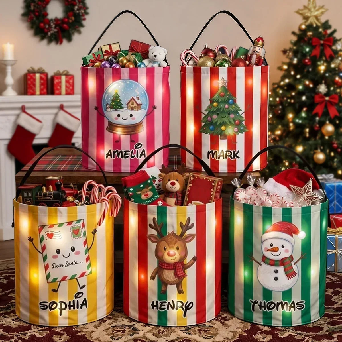 Personalized LED Light Up Fabric Basket Christmas Gift for Kids