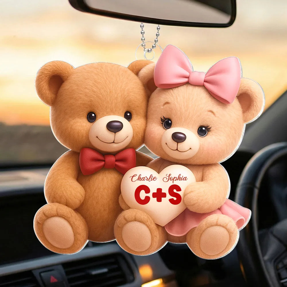 Personalized Teddy Bear Car Hanging Ornament for Couples - Romantic Gift Car Hanger MagicInPrints