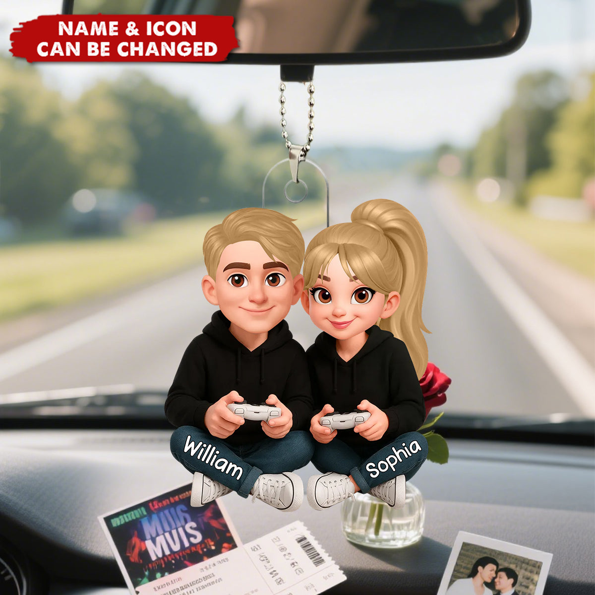 Custom Couple Car Ornament for Gamers - Wedding Gift Car Hanger MagicInPrints