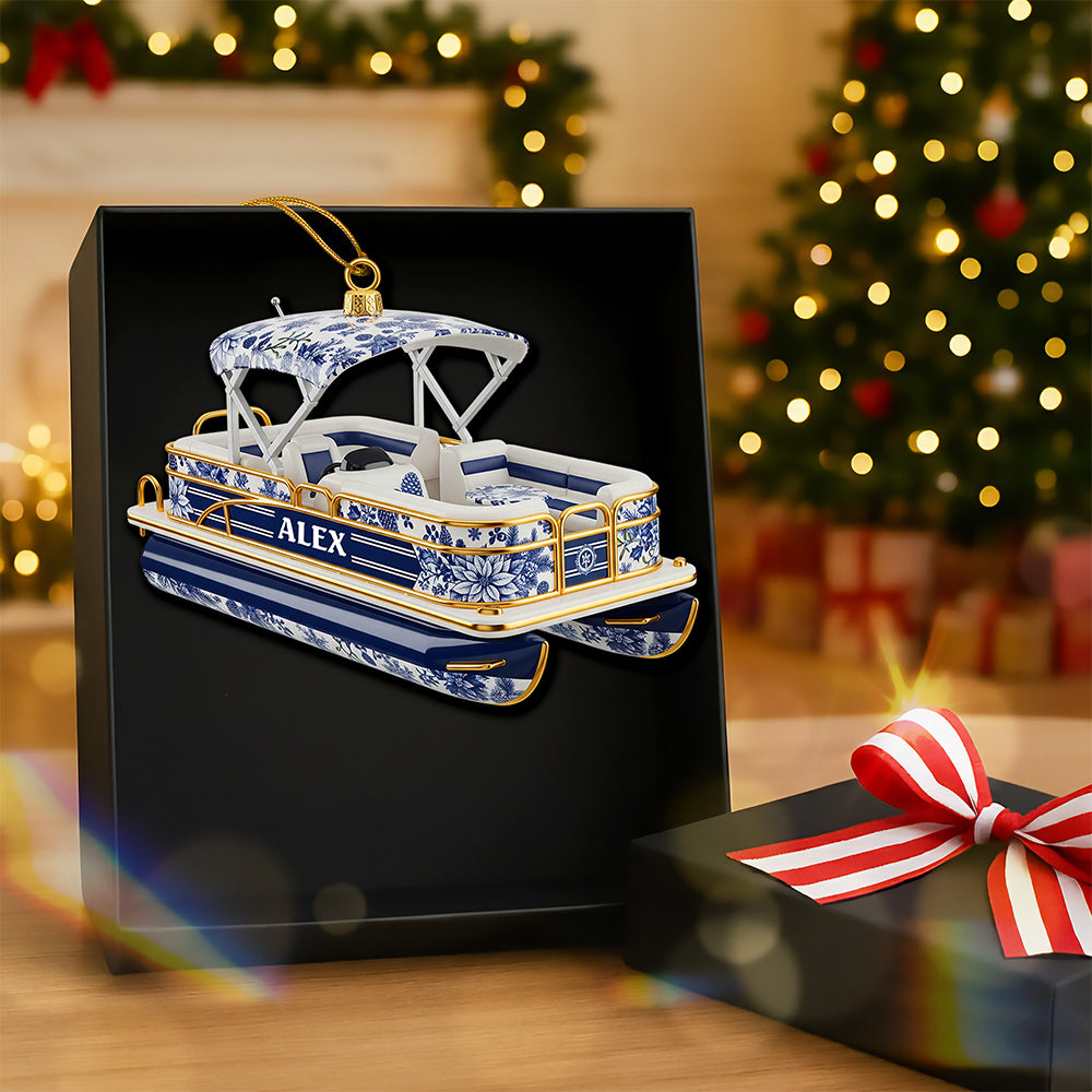 "Sail into the Holiday Spirit!" - Personalized Toile de Jouy Christmas Ornament - Custom Gift for Pontoon Lovers Ornament MagicInPrints