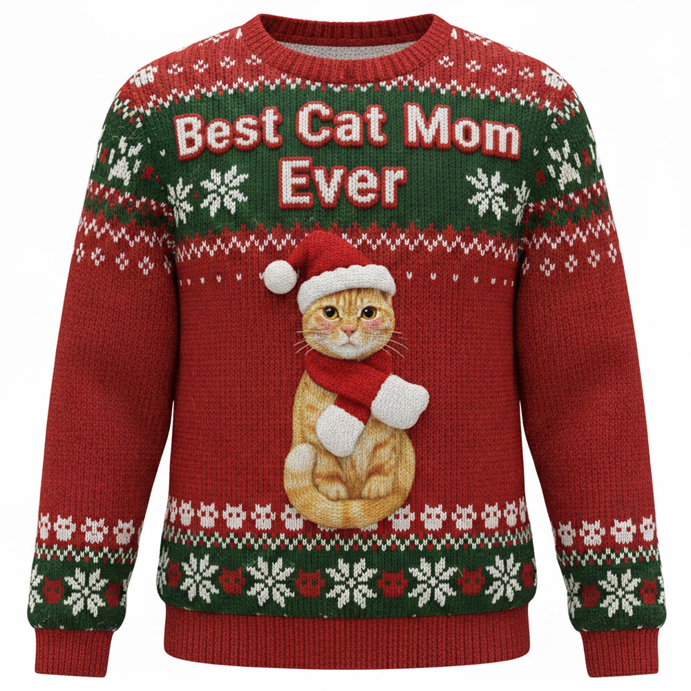 "Best Cat Mom Ever" - Customizable Ugly Sweater for Cat Lovers - Perfect Gift for Cat Moms AOP Products MagicInPrints