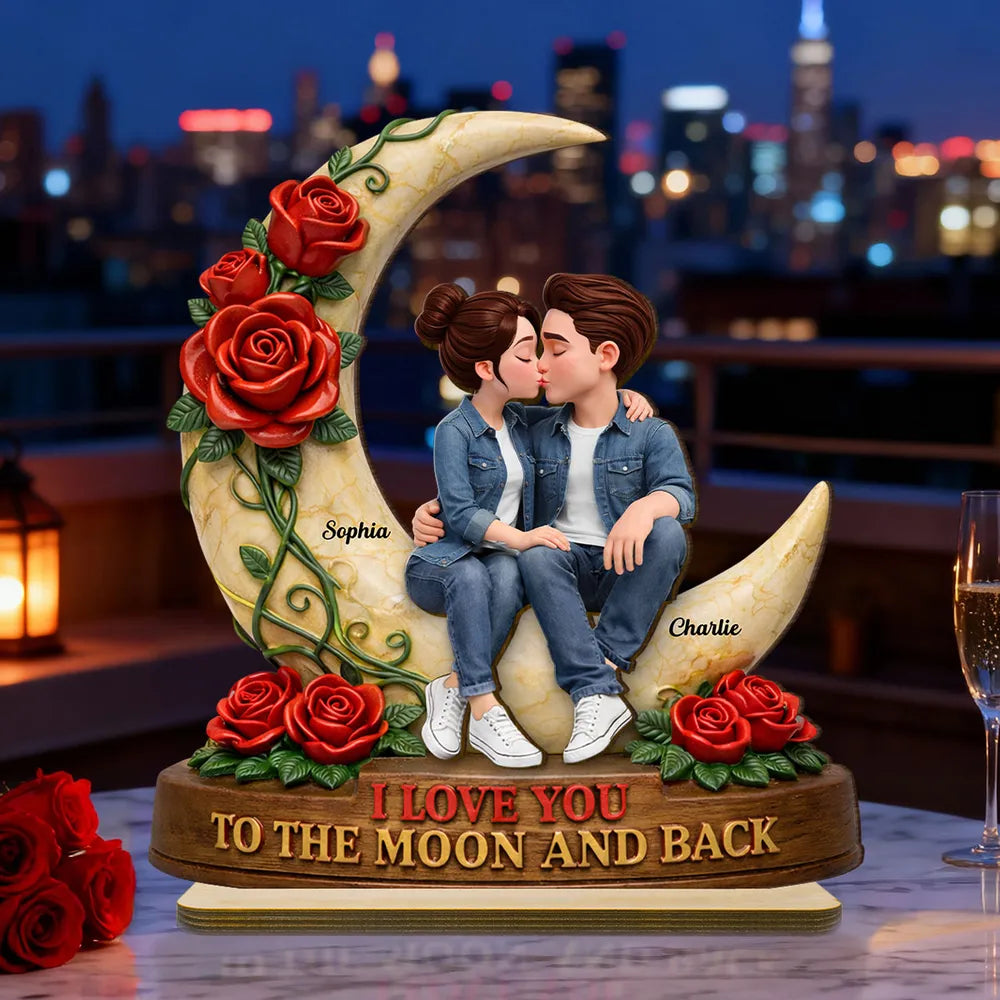 Personalized Romantic Couple Figurine with Moon and Roses - Perfect for Anniversaries Plaque MagicInPrints