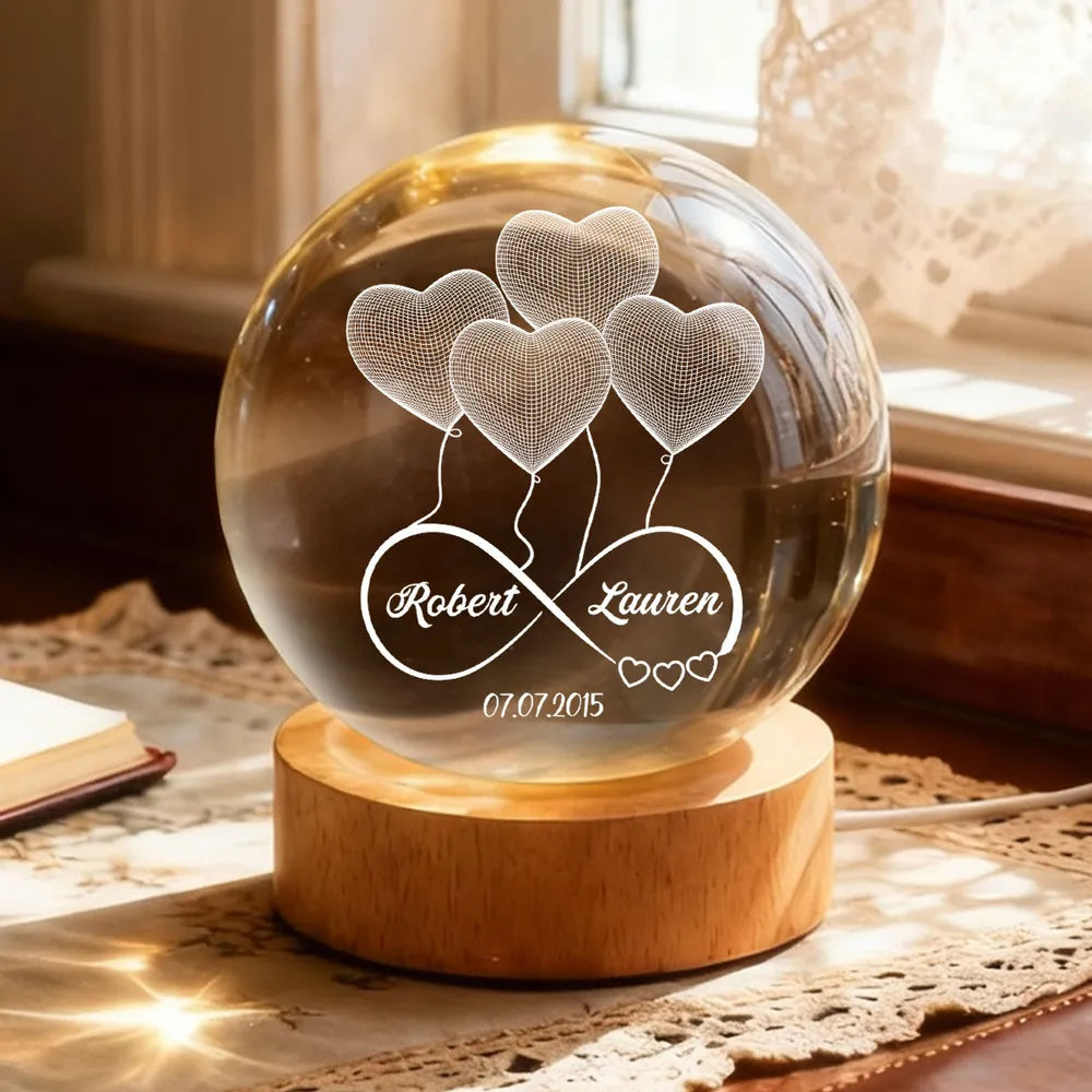 Personalized LED Crystal Ball Lamp for Couples with Heart Design - Anniversary Gift Lamp MagicInPrints