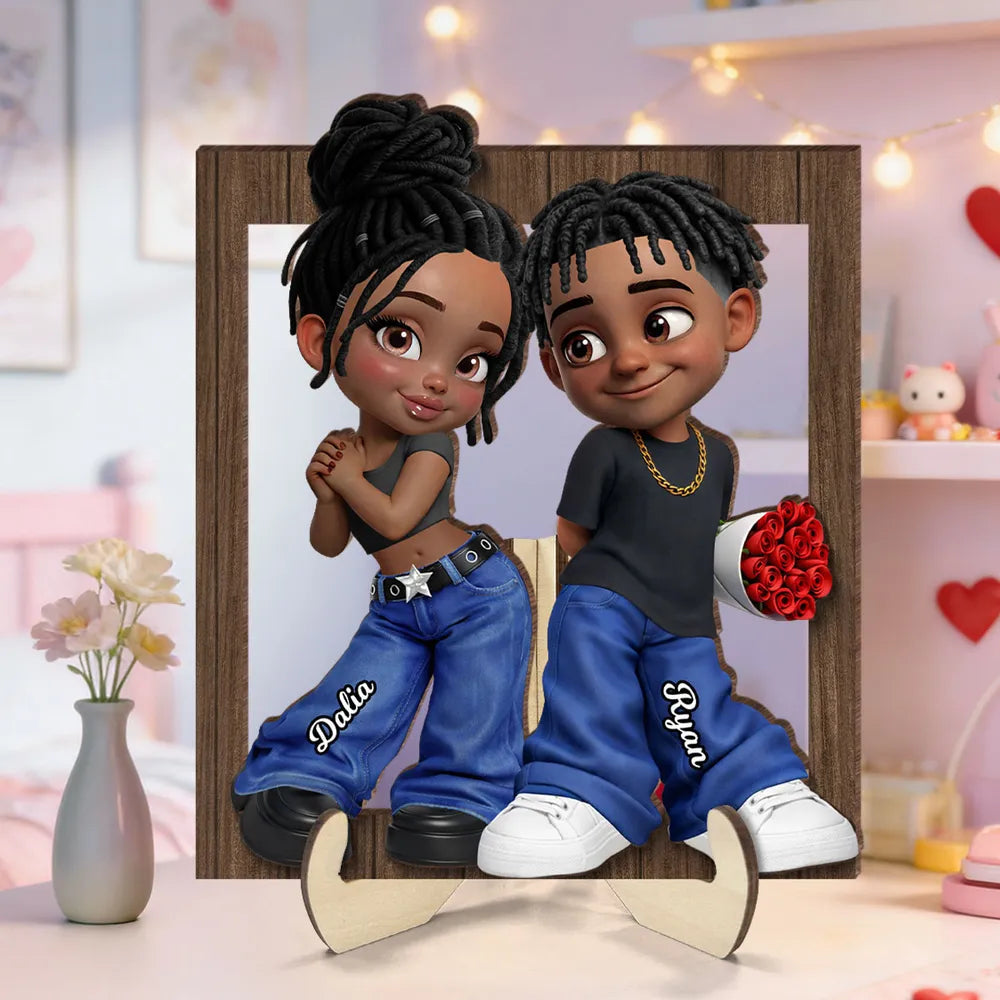 Custom Cartoon Couple Wooden Frame for Romantic Gift - Personalized Names Plaque MagicInPrints