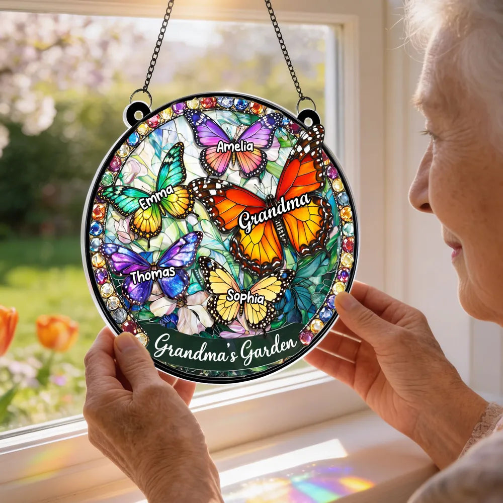 Personalized Stained Glass Suncatcher for Grandma - Butterfly Design for Mother's Day Ornament MagicInPrints