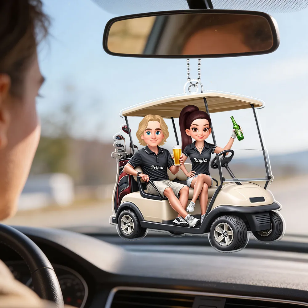 Custom Cartoon Golf Cart Couple Car Ornament - Personalized Gift for Golf Lovers Car Hanger MagicInPrints