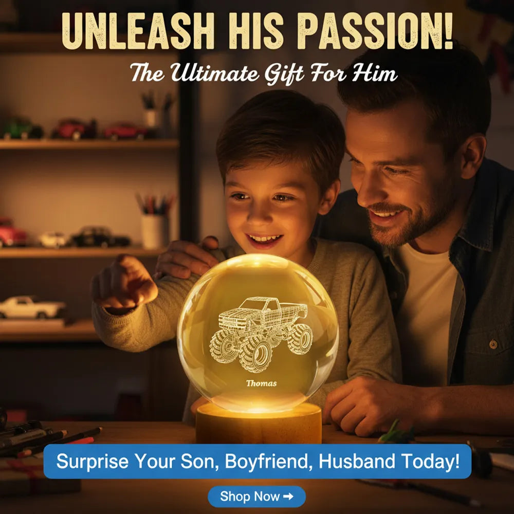 Personalized 3D Engraved Crystal Ball Lamp for Kids - Monster Truck Design Lamp MagicInPrints
