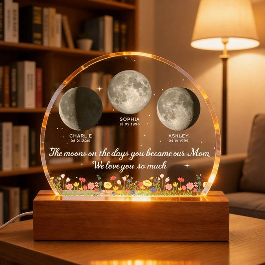 Personalized Moon Phase Lamp for Mom - Custom Birth Dates Keepsake Plaque MagicInPrints