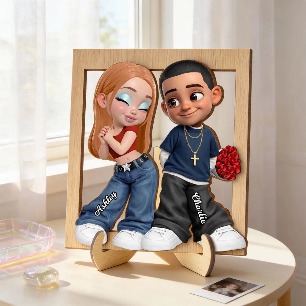 Custom Cartoon Couple Wooden Frame for Romantic Gift - Personalized Names Plaque MagicInPrints
