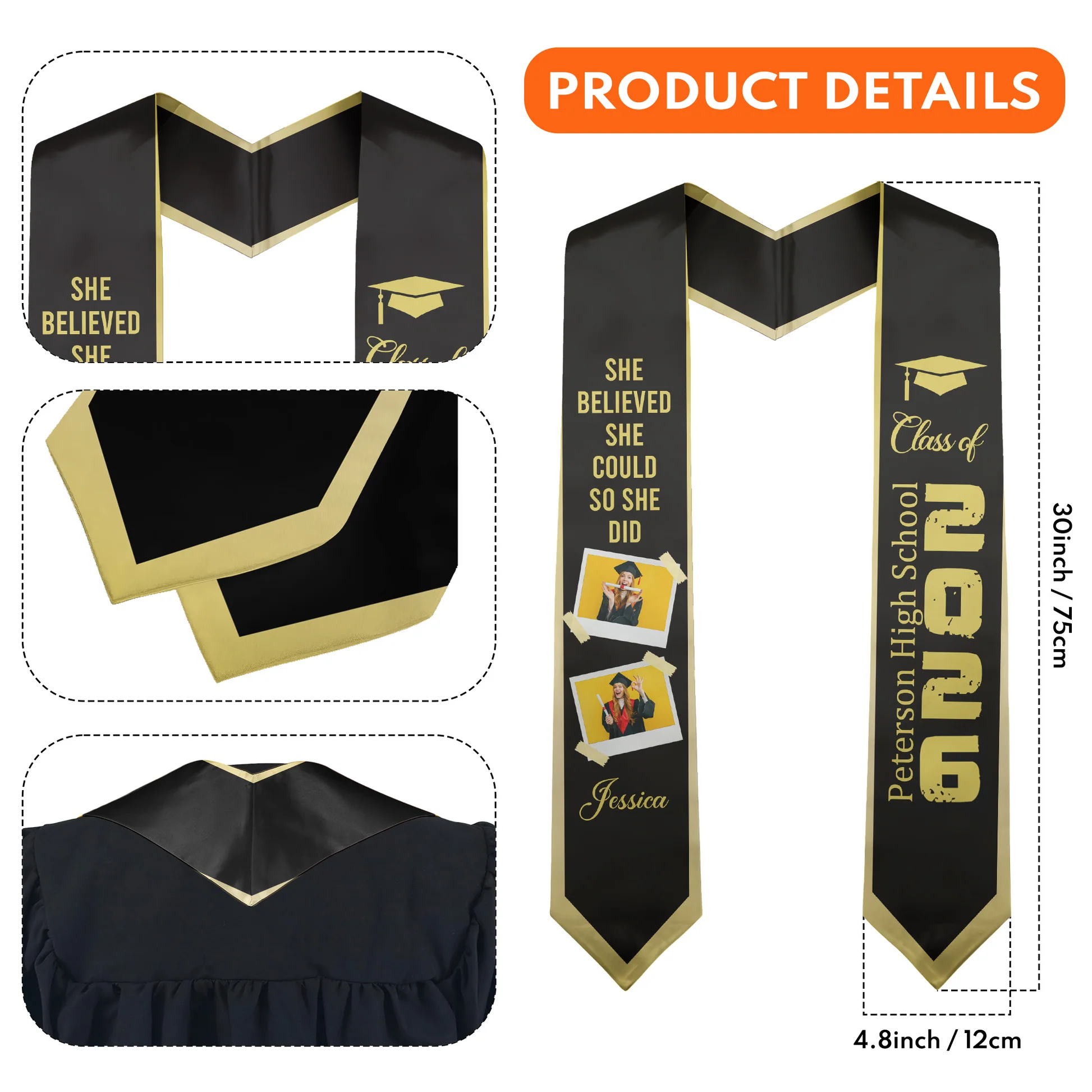 Custom Graduation Stole for Women with Inspirational Quote and Photos - High School Ceremony Cloth MagicInPrints