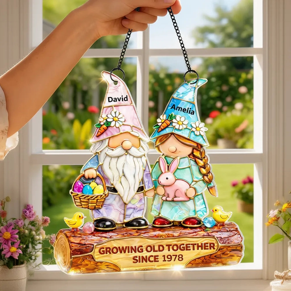 Personalized Gnome Couple Stained Glass Ornament for Couples - Anniversary Gift Ornament MagicInPrints