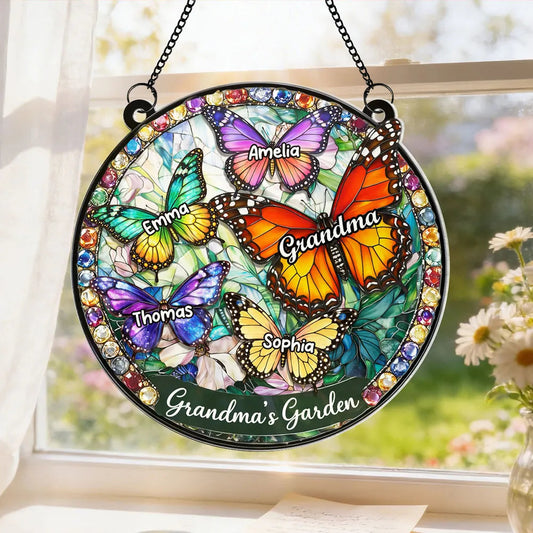 Personalized Stained Glass Suncatcher for Grandma - Butterfly Design for Mother's Day Ornament MagicInPrints