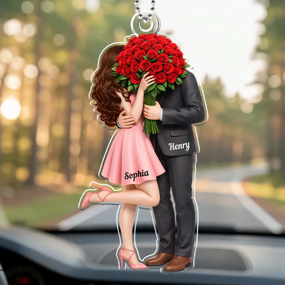 Personalized Couple Car Ornament with Names and Roses - Romantic Gift for Weddings Car Hanger MagicInPrints